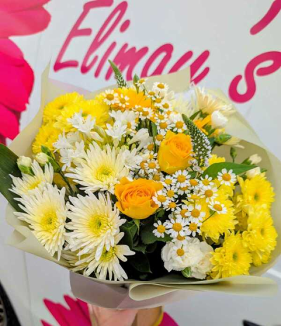 Sunny Morning - A cheerful hand-tied bouquet of fresh seasonal blooms in sunny yellow, crisp white and soft cream tones, beautifully arranged to brighten any special occasion.