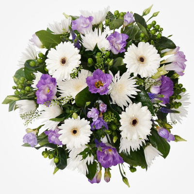 Heavenly Garden Posy - A beautifully handcrafted posy arrangement of fresh seasonal blooms in crisp white and soft lilac tones, creating a peaceful and heartfelt tribute.